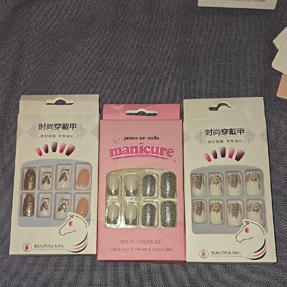3  Press-On Nails Sets - Gold, Silver, Beige & White